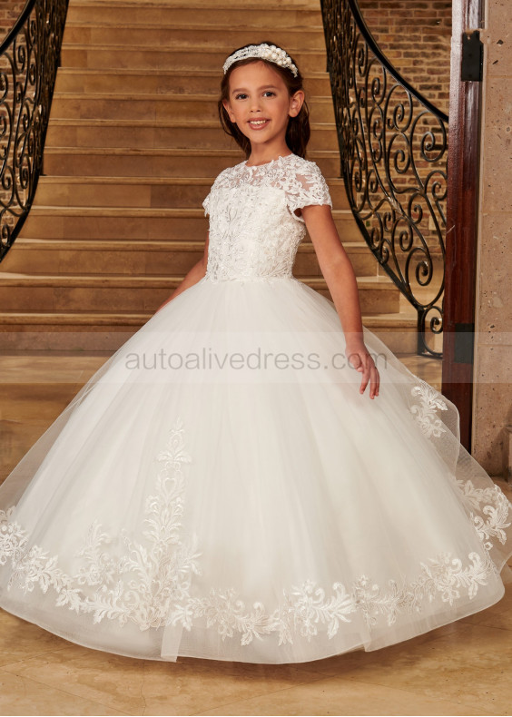 Beaded Ivory Lace Tulle Keyhole Back Dreamy Flower Girl Dress